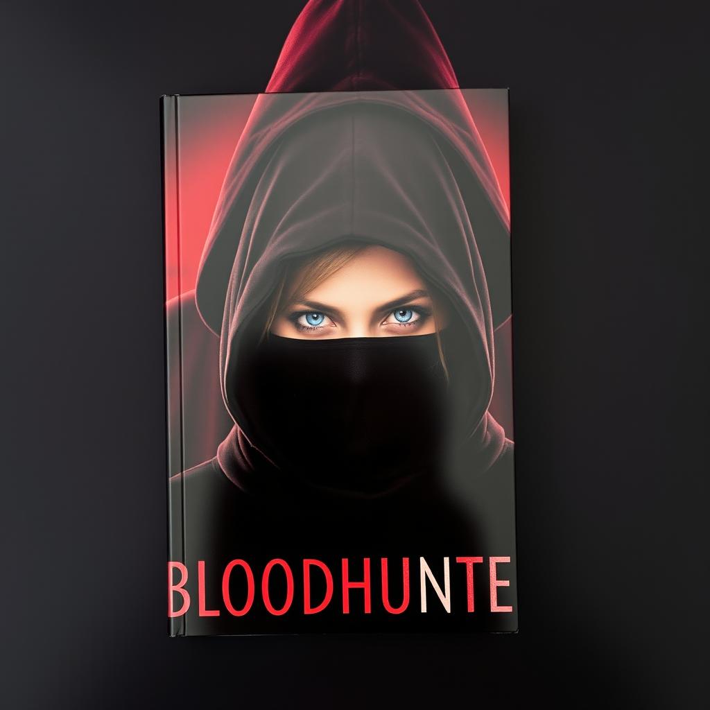 The cover of a book titled 'BLOODHUNTER' featuring a girl dressed in black clothing with striking blue eyes, wearing a mask and a hood, with only her eyes visible