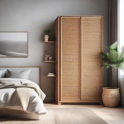 Create an image of a cozy bedroom featuring a laminate wardrobe with a rattan webbed door, a chamfered nightstand placed at the corner, and a stylish bar stool. The room should be atmospherically lit.