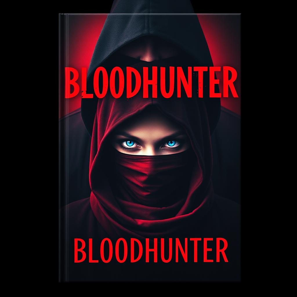 The cover of a book titled 'BLOODHUNTER' featuring a girl dressed in black clothing with striking blue eyes, wearing a mask and a hood, with only her eyes visible