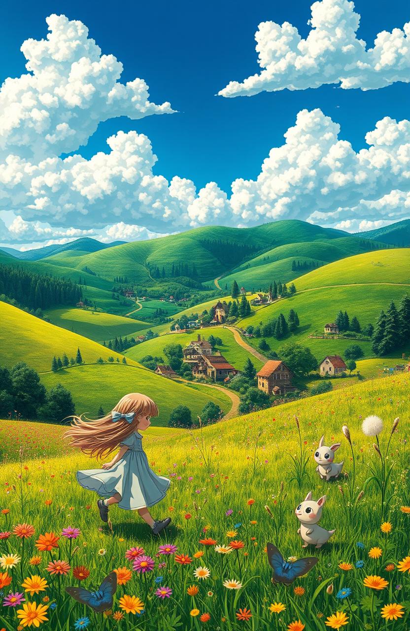 A whimsical landscape inspired by Ghibli art, featuring lush green hills, a vibrant blue sky adorned with fluffy clouds, and a cozy, quaint village nestled between the hills
