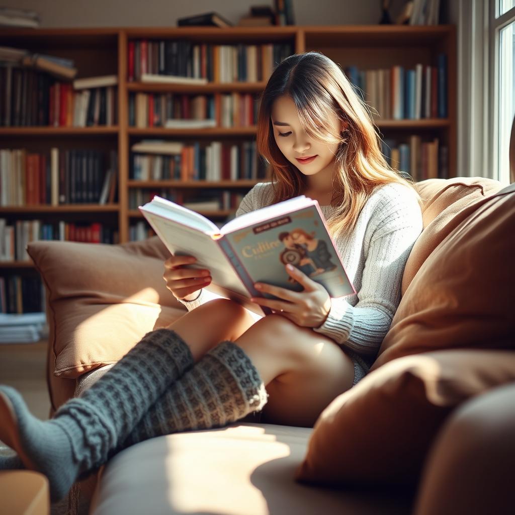 A young woman sitting comfortably on a cozy couch, wearing stylish knitted leg warmers and reading a book