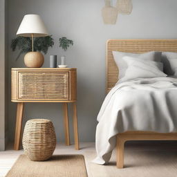 Generate an image of a modern bedroom showcasing a chamfered nightstand at the corner by the door decorated with mixed rattan web. Include a chic bar stool in the scene.