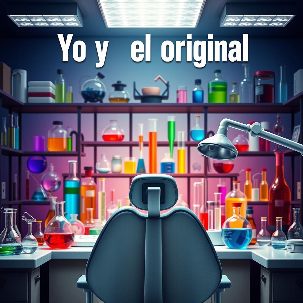 A movie poster titled 'Yo y el original', featuring a laboratory setting with various lab equipment such as test tubes and beakers prominently displayed