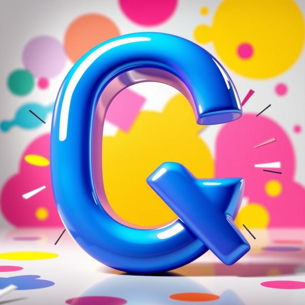 A large, stylized letter 'Q' dramatically positioned on top of a colorful, cartoonish O with animated motion lines, giving it a sense of movement