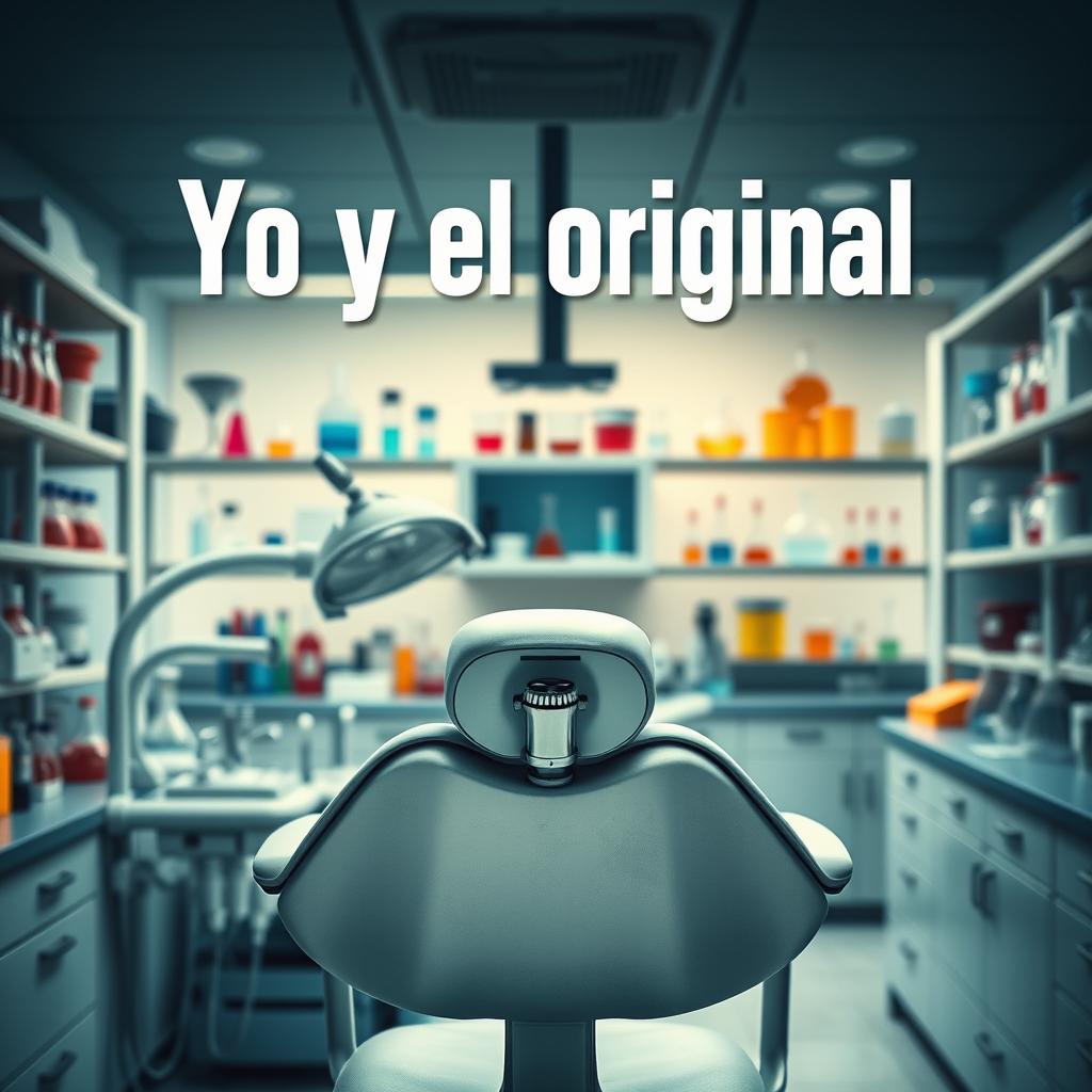A movie poster titled 'Yo y el original', featuring a close-up view of a laboratory setting that includes various lab equipment like test tubes and beakers
