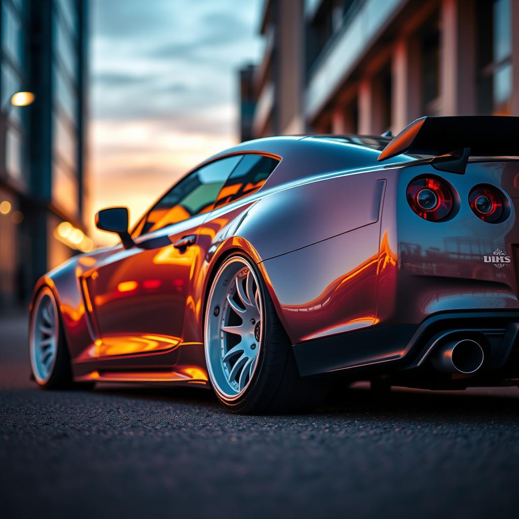 A sleek, high-performance sports car with a lowered suspension, featuring stunning white concave rims