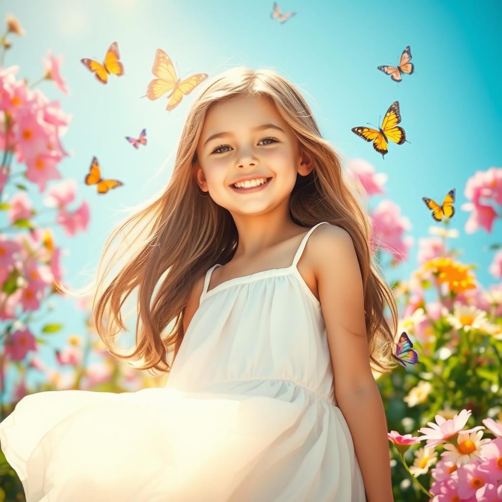A beautiful girl in a vibrant outdoor setting, basking in the warm sunlight surrounded by blooming flowers