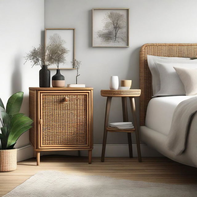 Generate an image of a modern bedroom showcasing a chamfered nightstand at the corner by the door decorated with mixed rattan web. Include a chic bar stool in the scene.