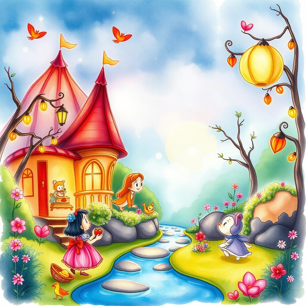 A vibrant and enchanting scene illustrated in a Disney style, hand drawn with soft lines and delicately applied watercolor shading