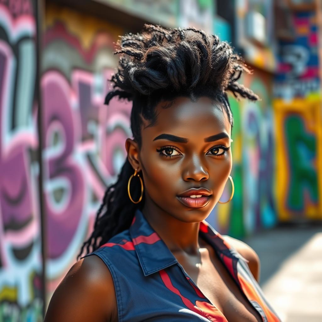 A 25-year-old attractive woman with dark brown skin and a striking 'Black Power' hairstyle, exuding confidence