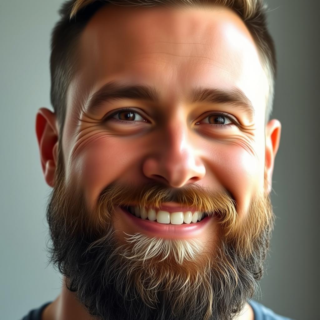A portrait of a man with a well-groomed beard, showcasing detailed facial features, including a strong jawline and expressive eyes