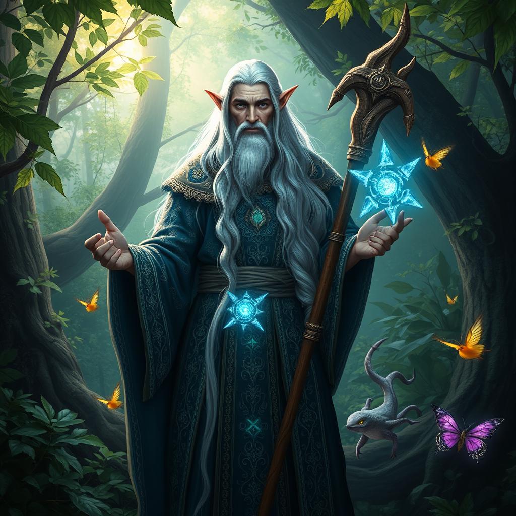 A majestic high elf wizard standing in an enchanting forest
