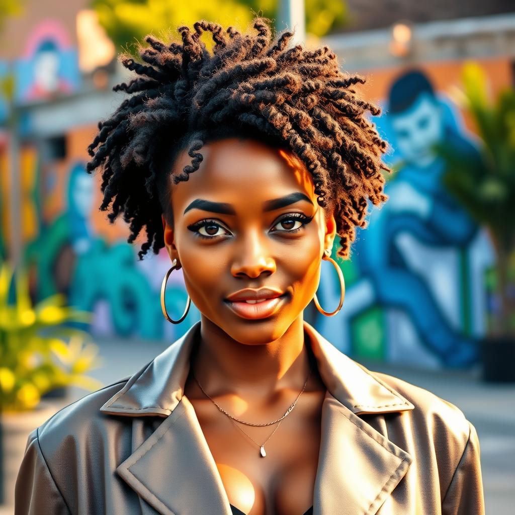 A 25-year-old attractive woman with light brown skin and a bold 'Black Power' hairstyle, radiating confidence and strength