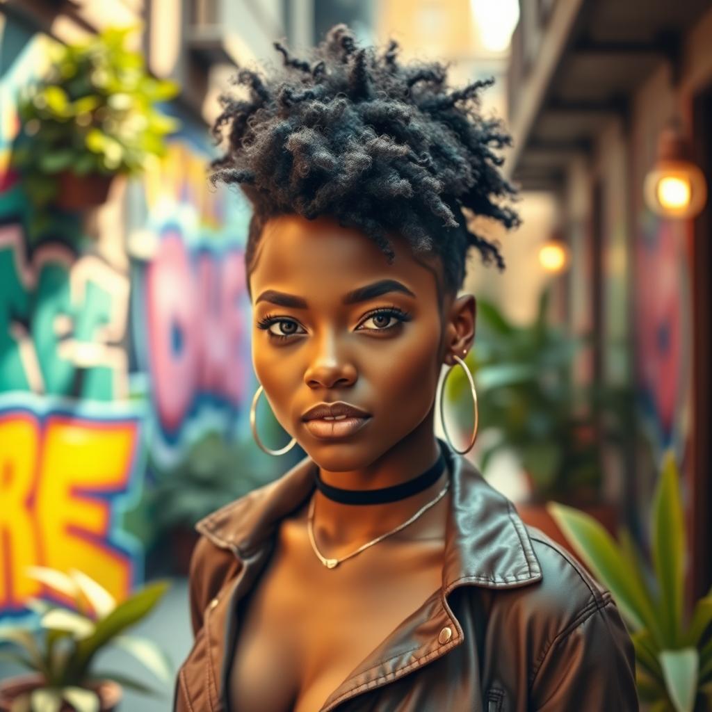 A 25-year-old attractive woman with light skin and a bold 'Black Power' hairstyle, radiating confidence and individuality