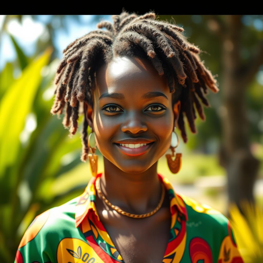 A 25-year-old attractive woman with jambo skin tone and beautiful Rasta-style hair, showcasing vibrant colors and individuality