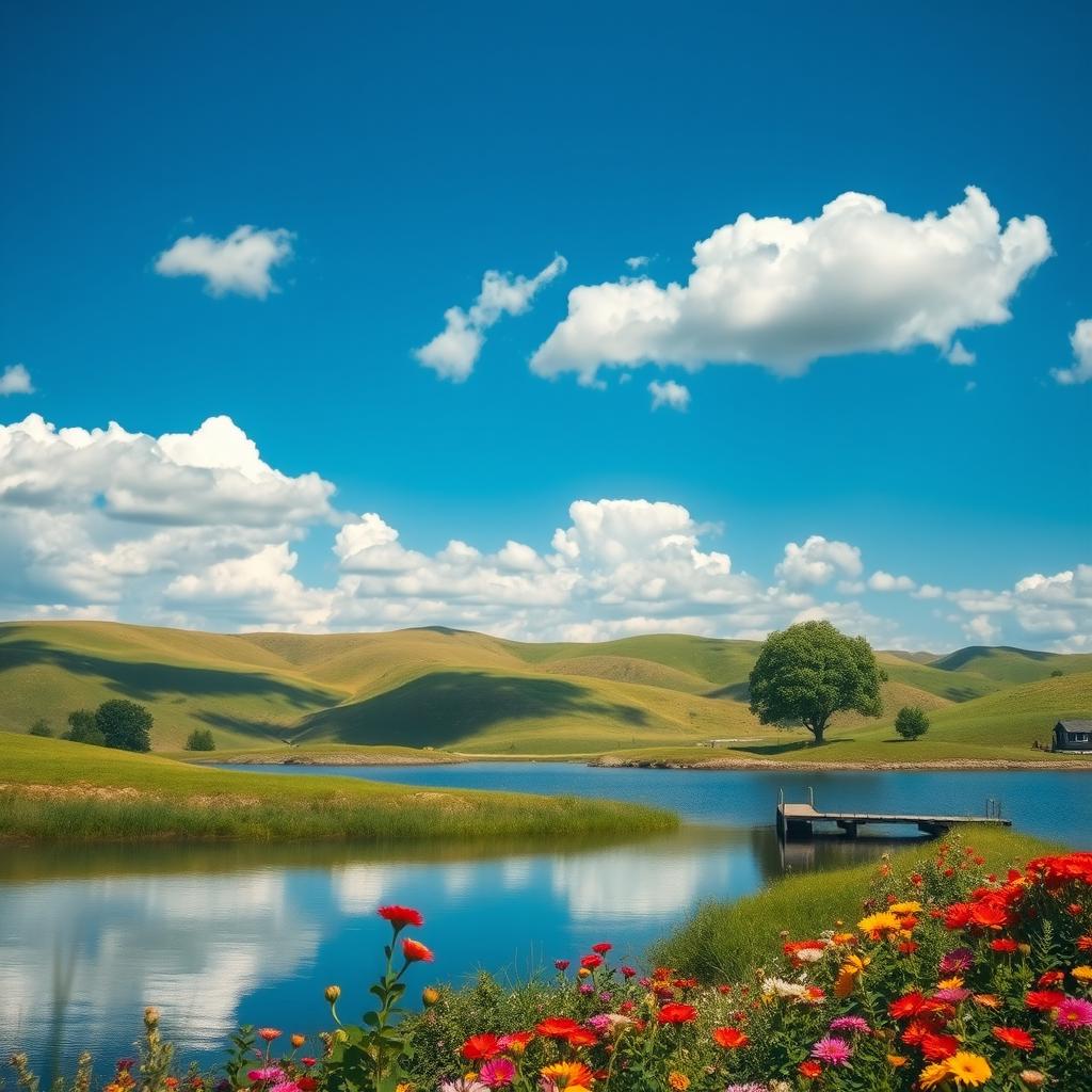 A picturesque landscape featuring rolling hills under a bright blue sky, with fluffy white clouds scattered throughout