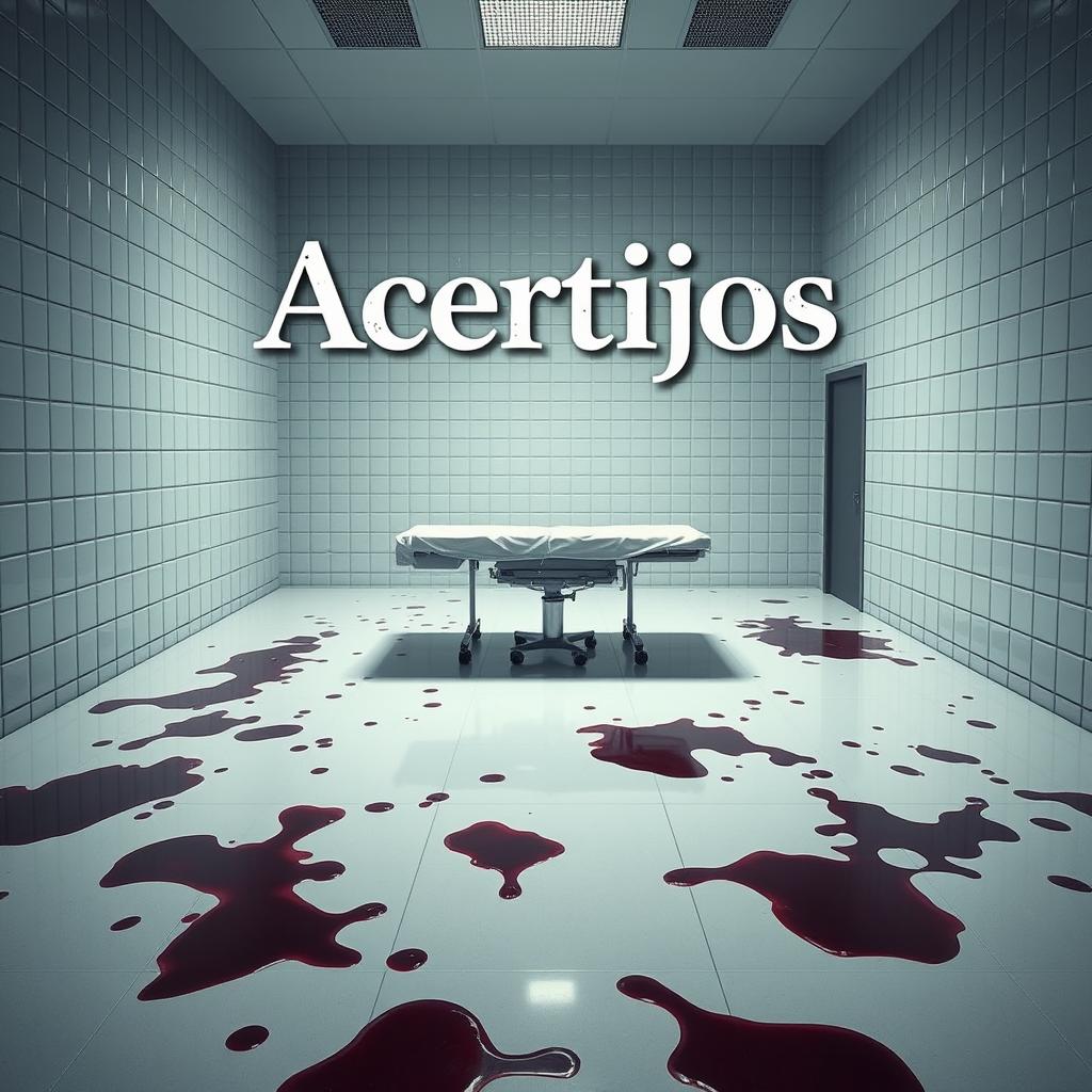 A movie poster titled 'Acertijos', set in a room with glossy white tiles that create a clean yet eerie atmosphere
