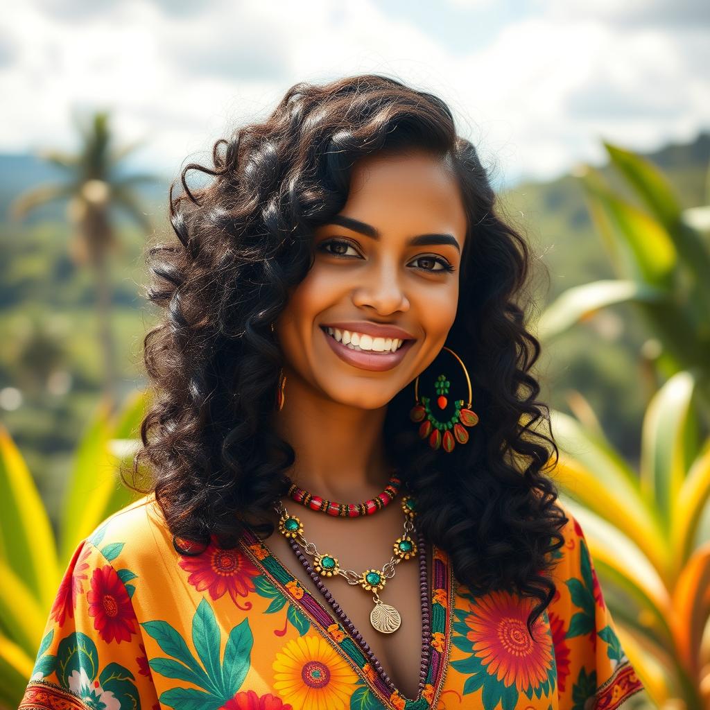 A beautiful Brazilian woman, 25 years old, with jambo skin tone and curly black hair that falls gracefully around her shoulders