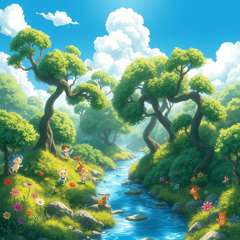 A serene and magical forest scene inspired by Studio Ghibli, featuring lush, vibrant greenery with twisting trees and colorful flowers