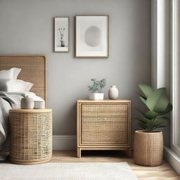 Generate an image of a modern bedroom showcasing a chamfered nightstand at the corner by the door decorated with mixed rattan web. Include a chic bar stool in the scene.