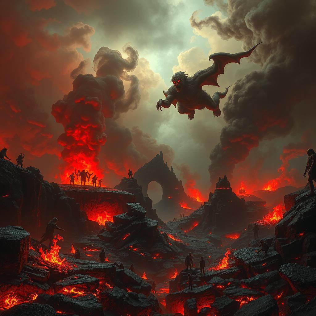 A surreal and dark representation of Hell, featuring fiery landscapes and twisted, demonic figures