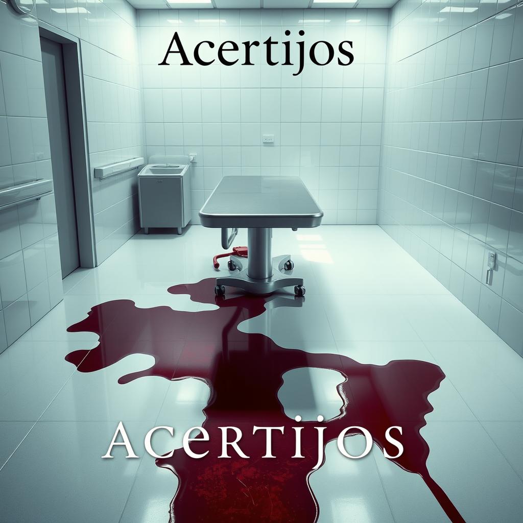 A movie poster titled 'Acertijos', depicting a room with sleek, glossy white tiles that contribute to a chilling and clinical atmosphere