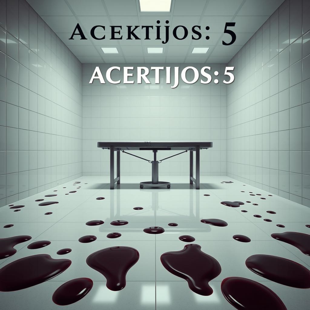 A movie poster titled 'Acertijos: 5', showcasing a spacious room adorned with glossy white tiles that enhance the sense of isolation and tension