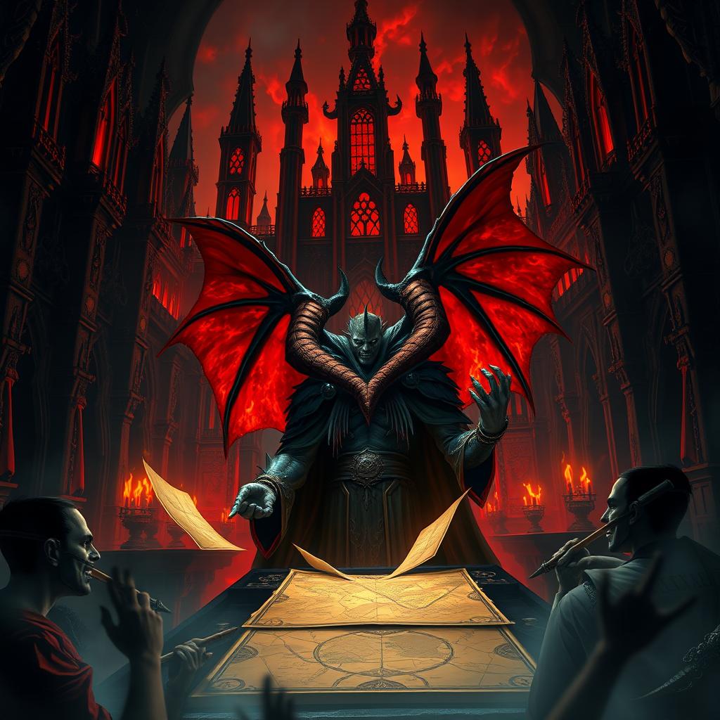 A magnificent and grand dark castle in Hell, where the great Lucifer is plotting to deceive humanity