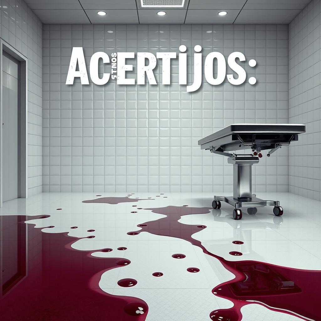 A movie poster titled 'Acertijos: 5', featuring a wide room adorned with glossy white tiles, enhancing the clean yet tense atmosphere