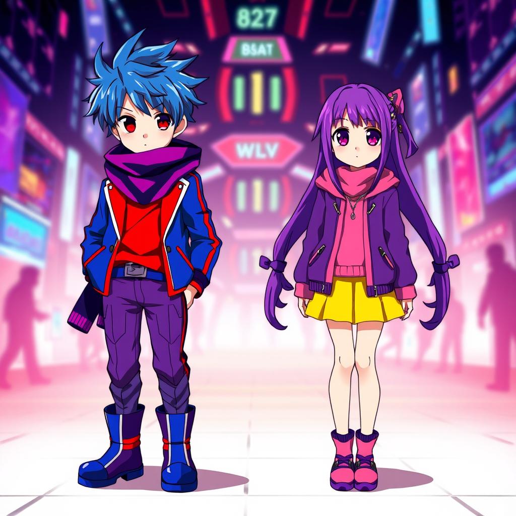 A stylish scene featuring a young boy with striking blue hair and red eyes, wearing a blue and red jacket over a red shirt, complemented by a blue and purple scarf