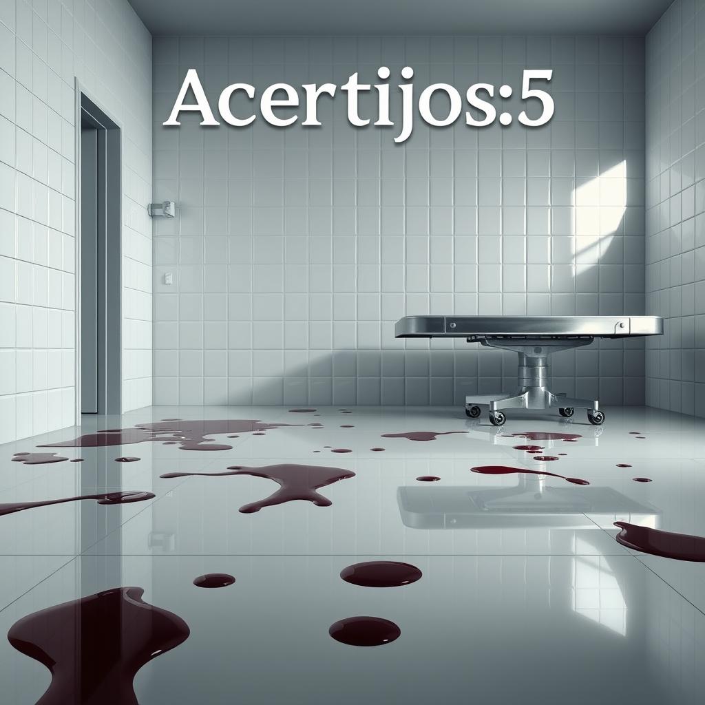 A movie poster titled 'Acertijos: 5', featuring a wide room with glossy white tiles that create a clean yet unsettling atmosphere