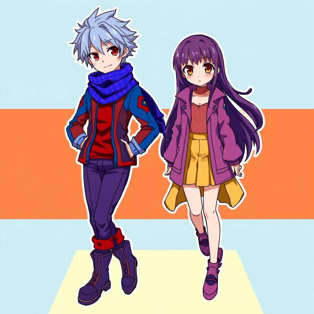 A blue-haired boy with red eyes wearing a blue and red jacket, a red shirt, and a blue and purple scarf