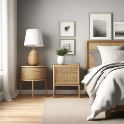 Generate an image of a modern bedroom showcasing a chamfered nightstand at the corner by the door decorated with mixed rattan web. Include a chic bar stool in the scene.