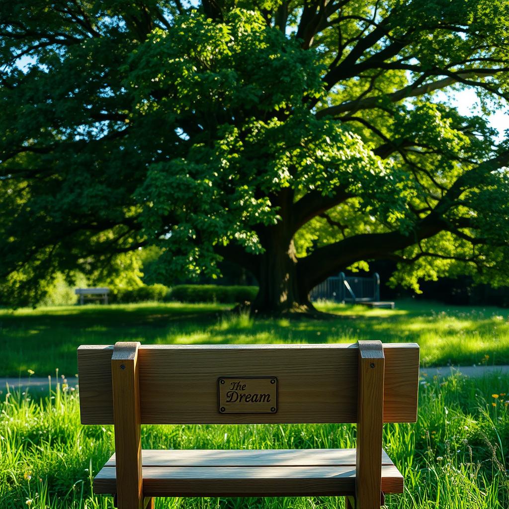 A serene outdoor scene featuring a wooden bench facing a large, lush green tree, viewed from behind the bench