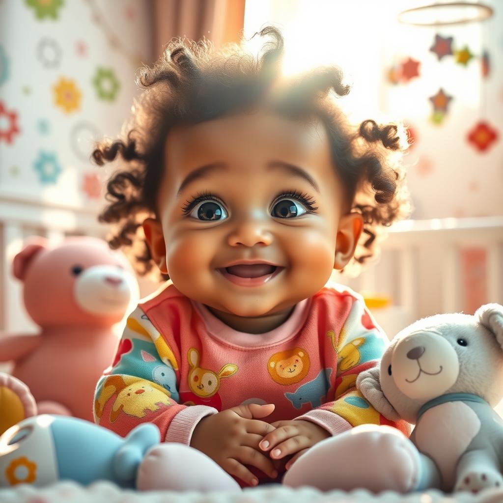 A delightful vision of an adorable future child, featuring a blend of diverse traits with big, sparkling eyes and a joyful smile