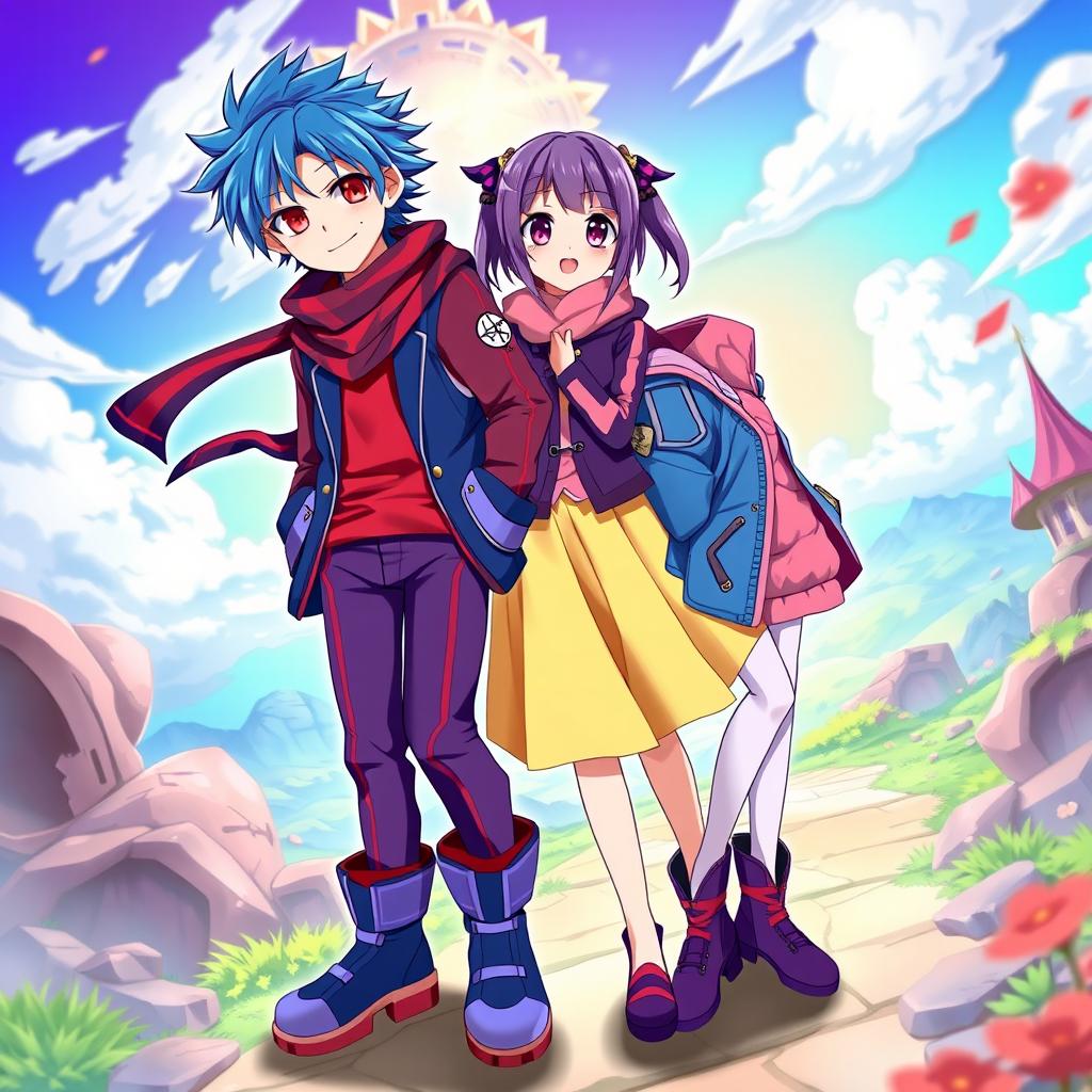 A vibrant anime-inspired scene featuring two characters
