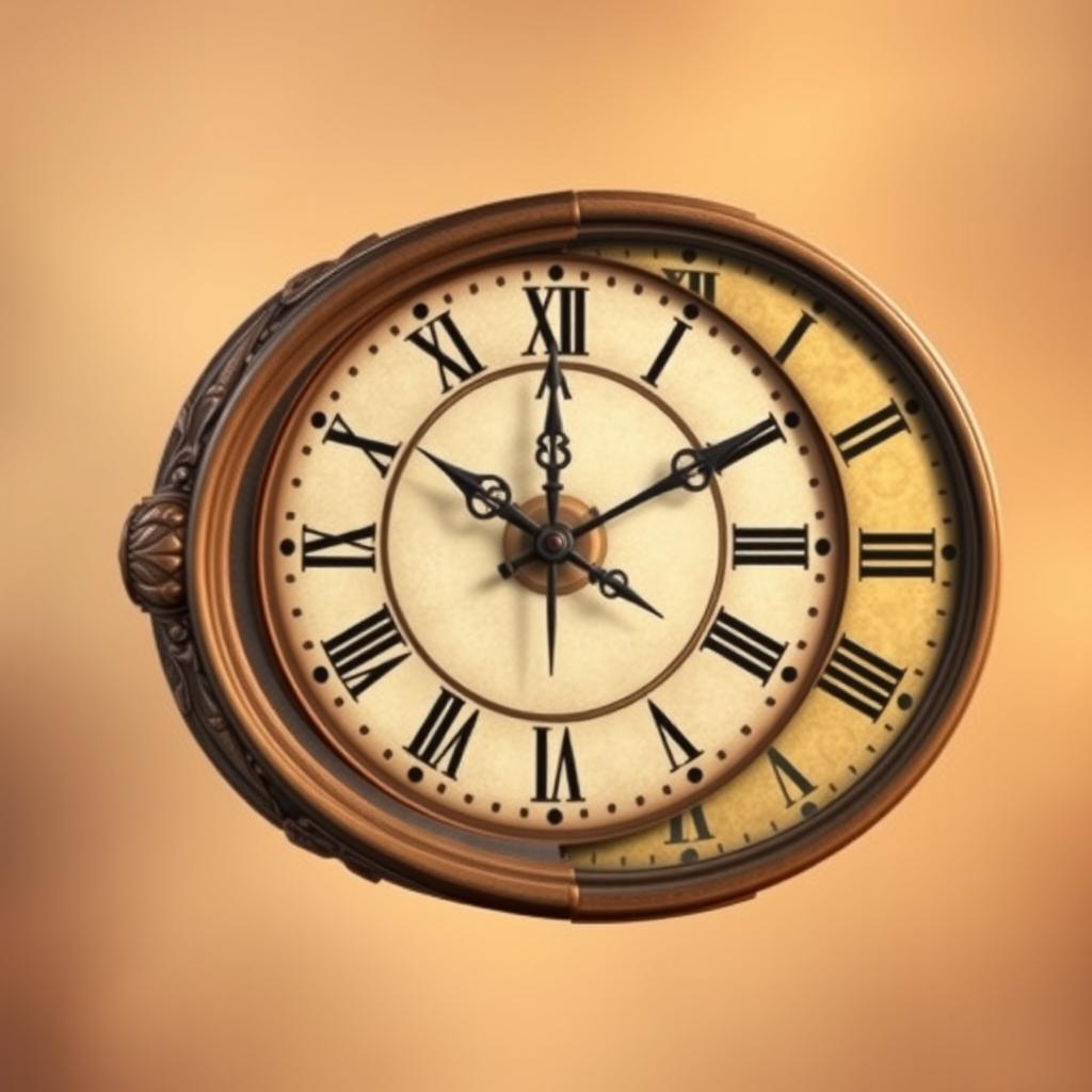 An artistic rendering of two clock faces intertwined, where the first clock face, ornate and vintage with Roman numerals, seamlessly overlays the second clock face, which has a modern design with Arabic numerals