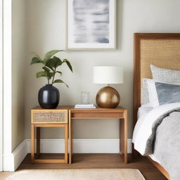 Revise the current scene to include a chamfered nightstand at the corner near a door mixed with rattan webbing. Add a slick bar stool in the space.