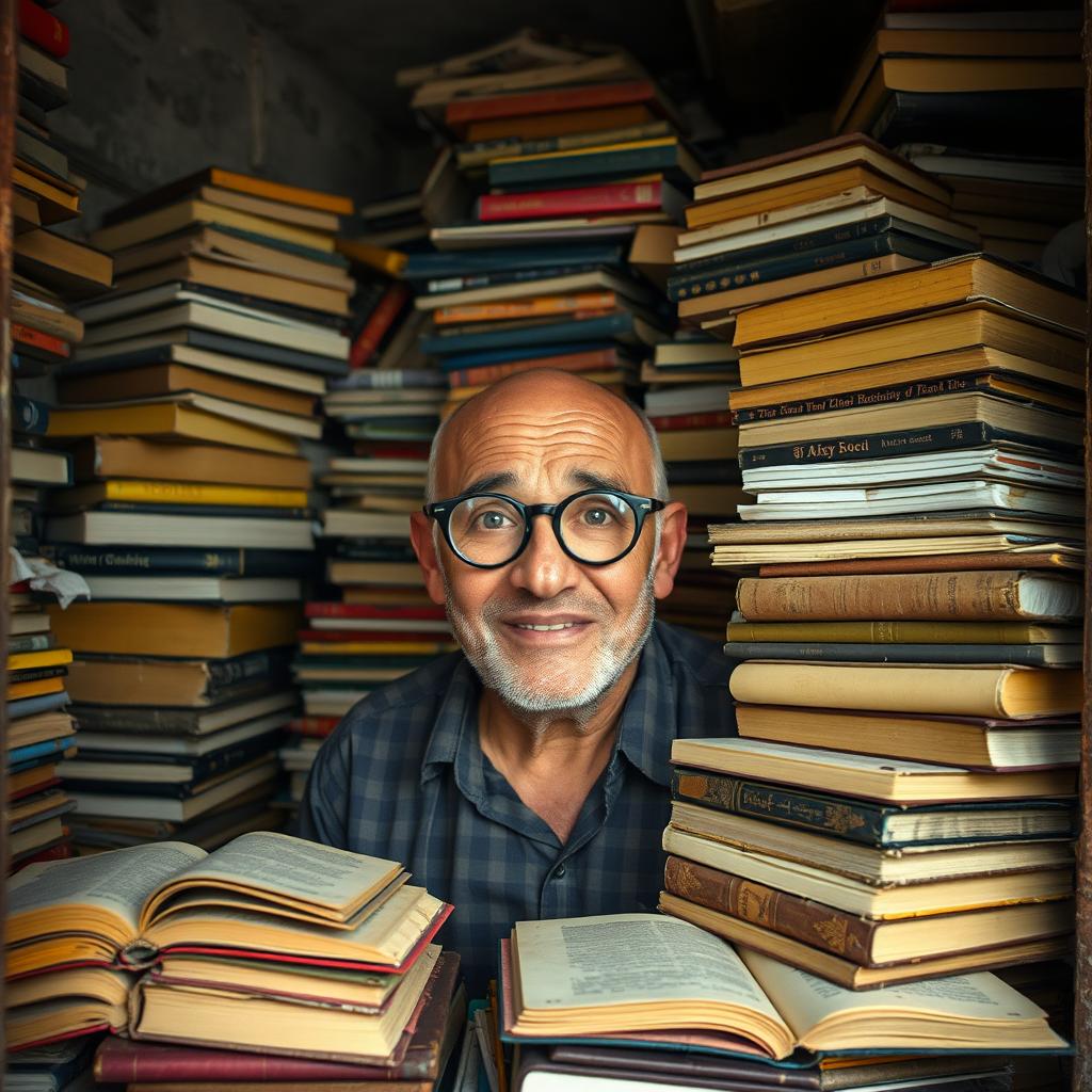 A middle-aged man who is almost bald, wearing round glasses, surrounded by a towering pile of books in a small, cluttered room