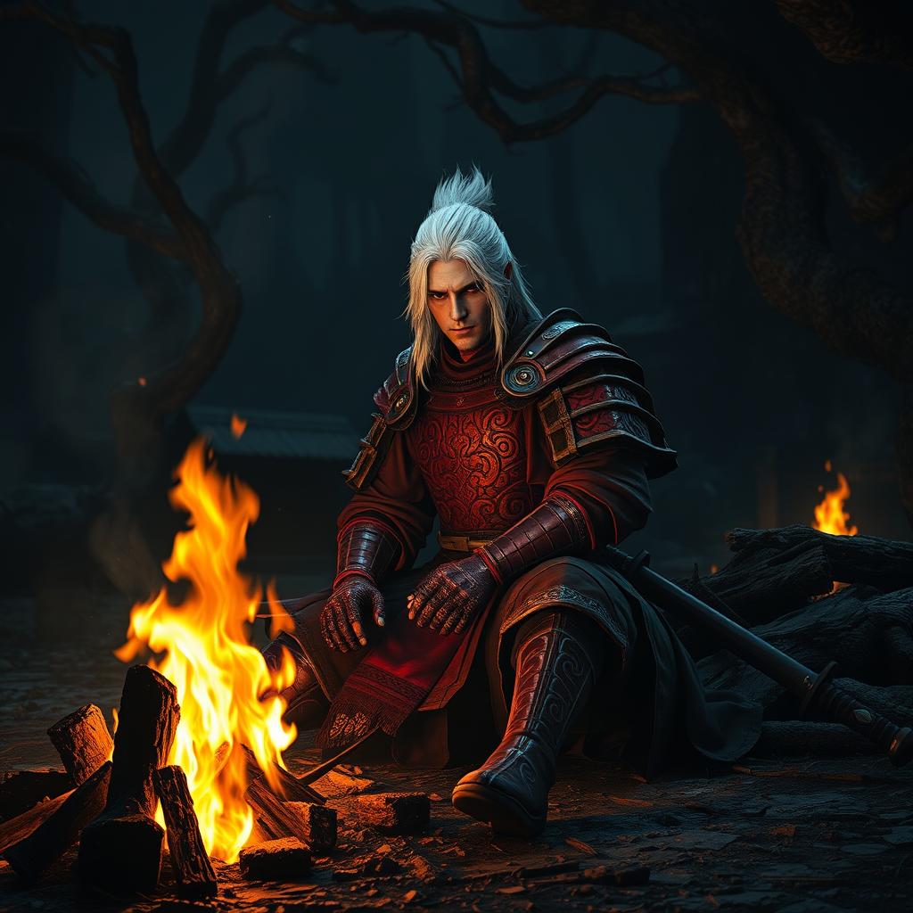 A fierce samurai with striking white hair, clad in ornate red armor, sits gracefully by a crackling campfire reminiscent of Dark Souls 3