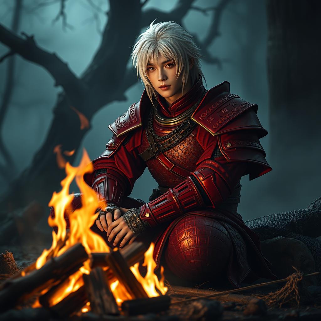 A white-haired samurai in striking red armor, sitting gracefully by a glowing campfire reminiscent of Dark Souls 3