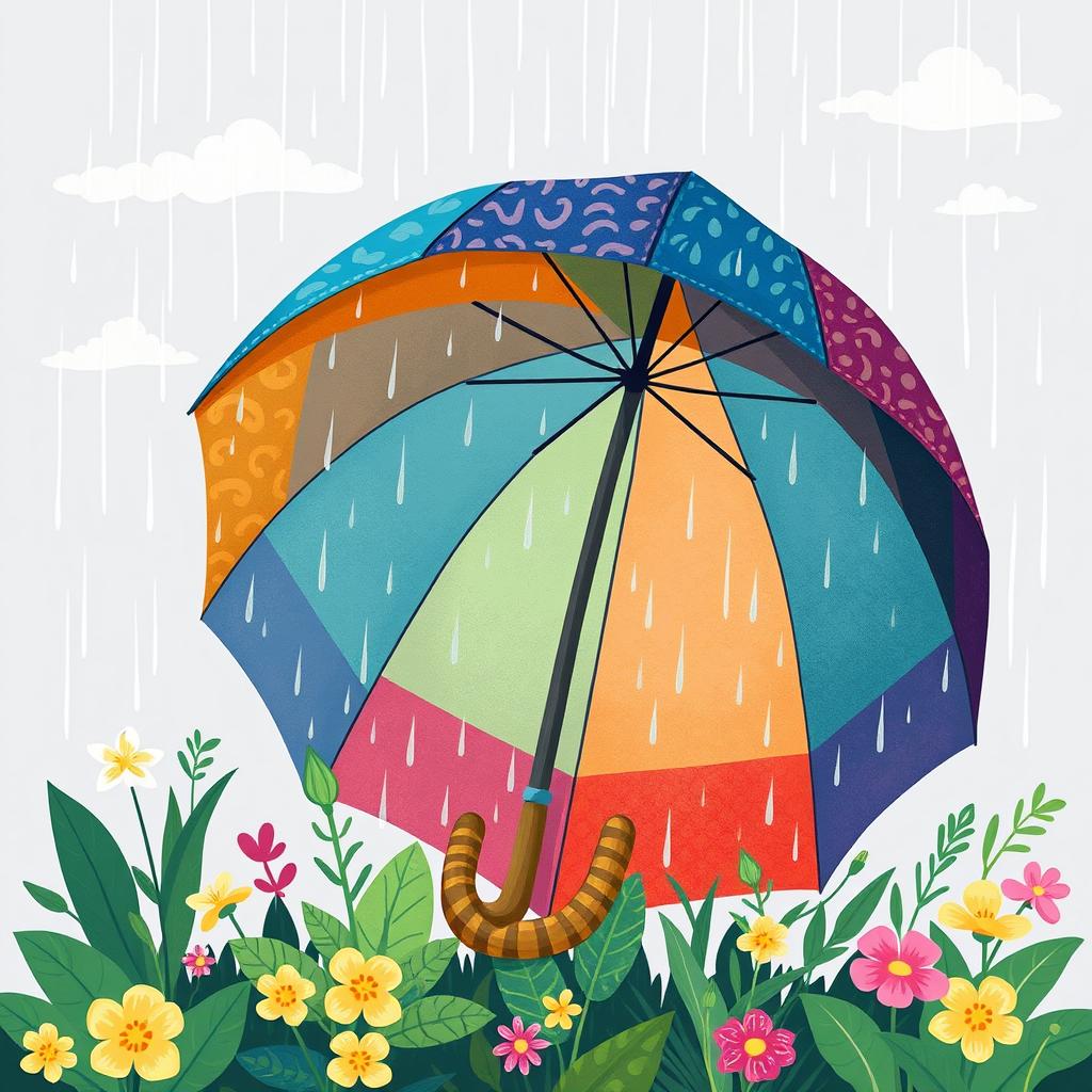 A whimsical illustration of a colorful, oversized umbrella filled with rainwater during a gentle downpour
