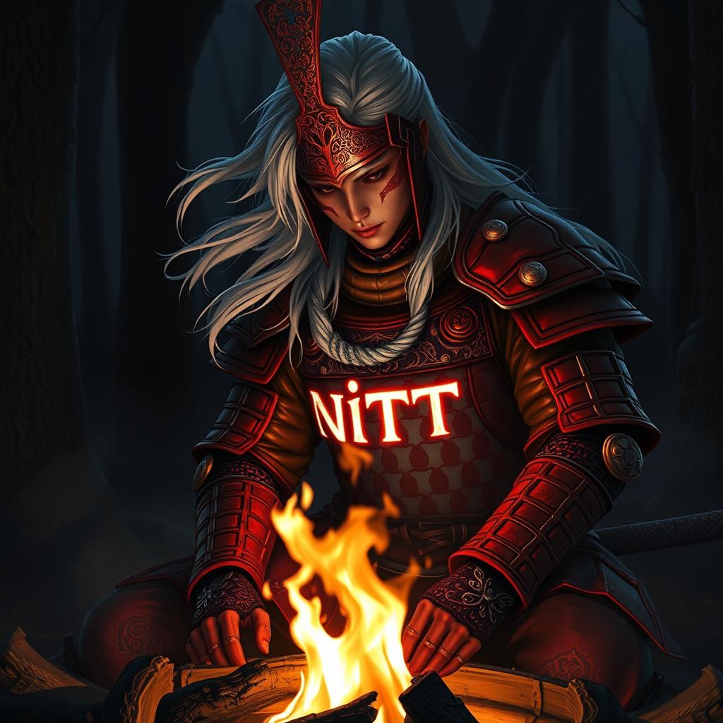 A samurai with a striking red armor and flowing white hair, sitting contemplatively near a campfire reminiscent of Dark Souls 3