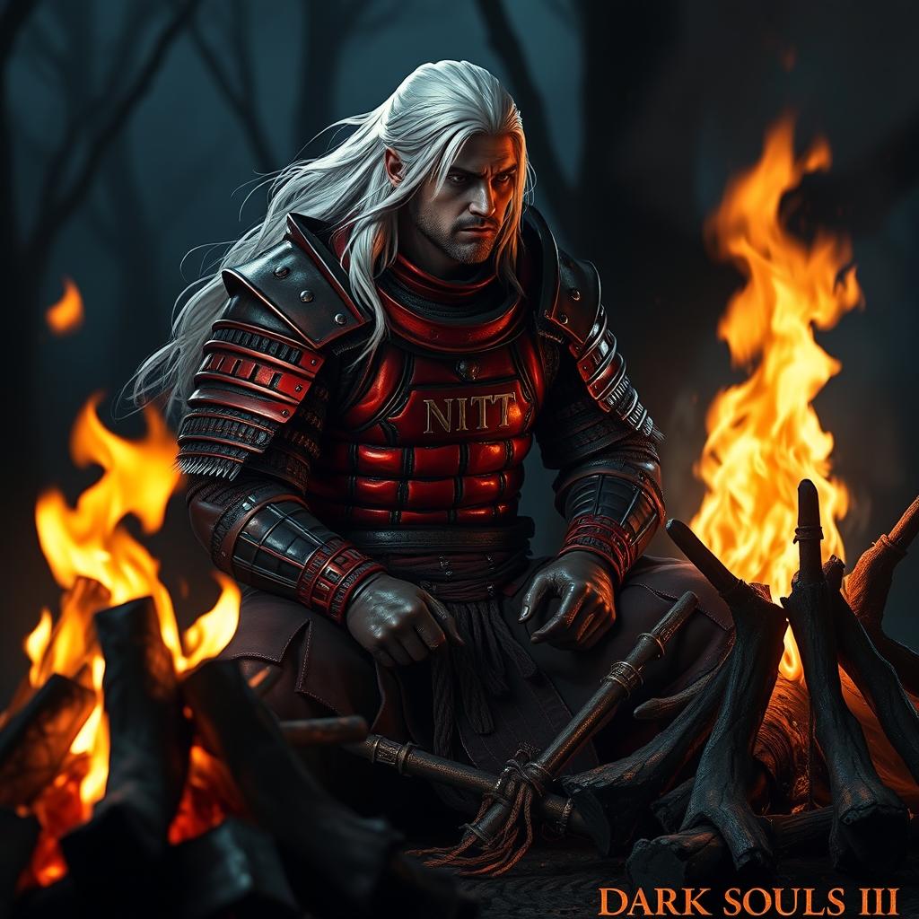 A formidable samurai with flowing white hair, clad in striking red armor adorned with the inscription 'NITT', sits beside a crackling campfire in a dark, atmospheric setting reminiscent of Dark Souls 3