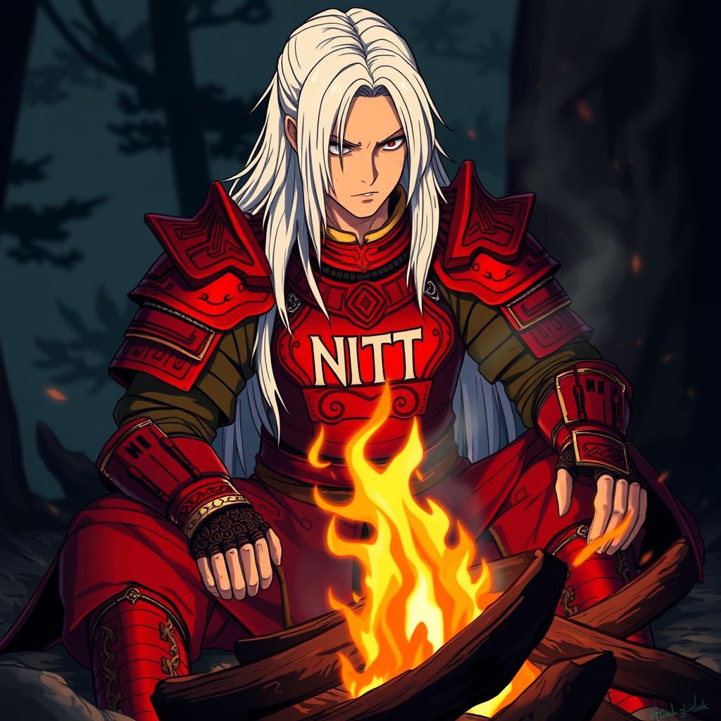 A samurai sitting by a campfire, inspired by Dark Souls 3