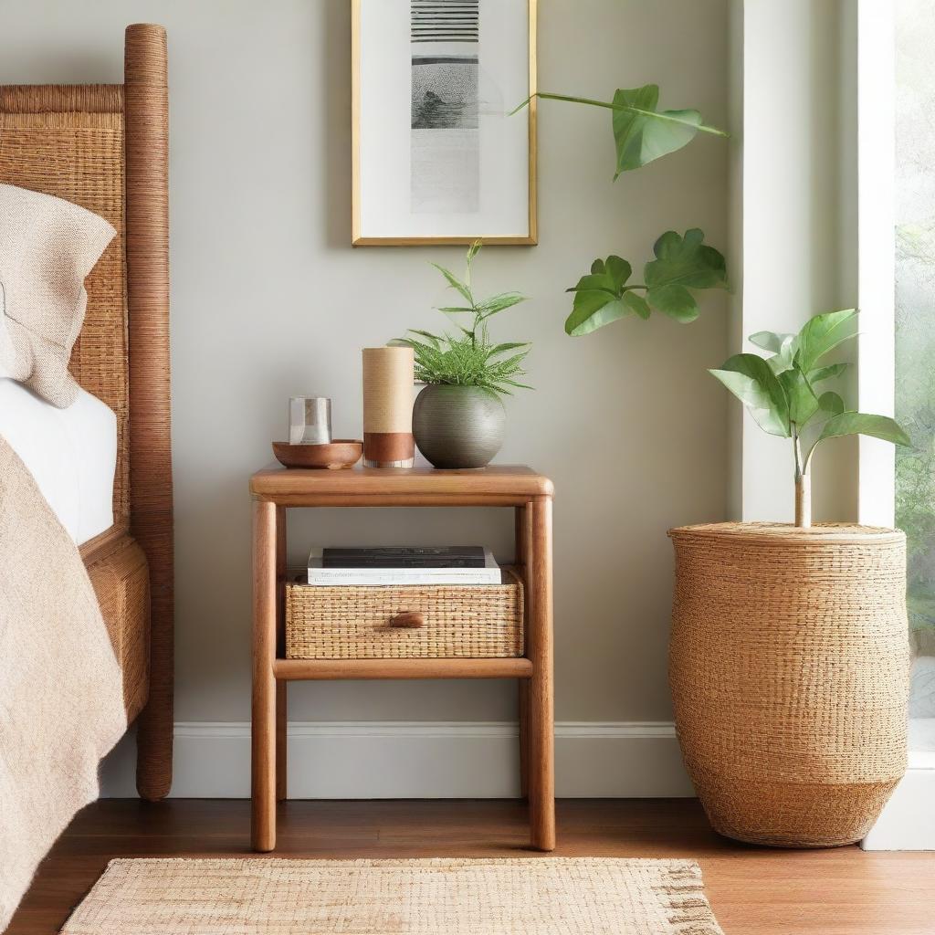 Revise the current scene to include a chamfered nightstand at the corner near a door mixed with rattan webbing. Add a slick bar stool in the space.