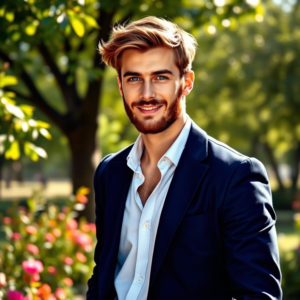 Create an image of a handsome young man in his late twenties, sporting tousled brown hair and a well-groomed beard