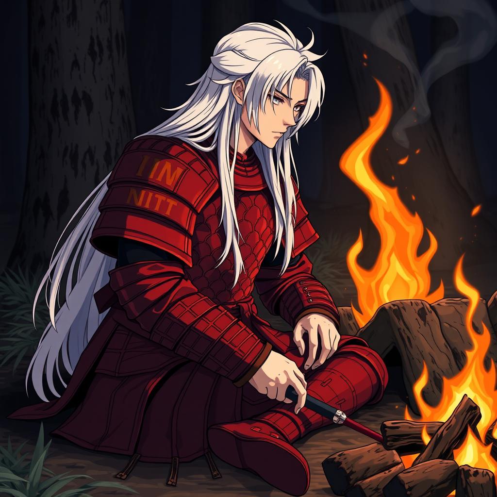 A samurai sitting by a campfire, inspired by Dark Souls 3