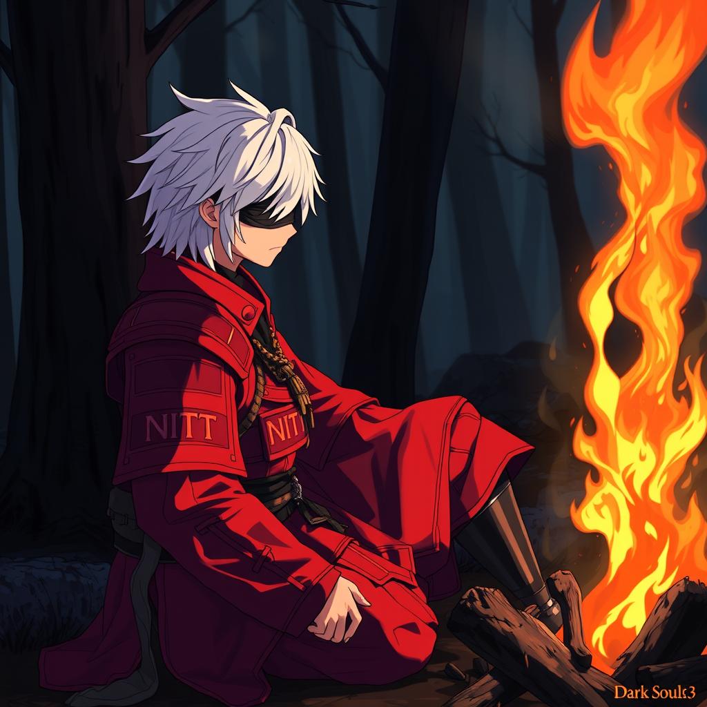 A samurai in bright red armor sitting by a campfire, inspired by Dark Souls 3