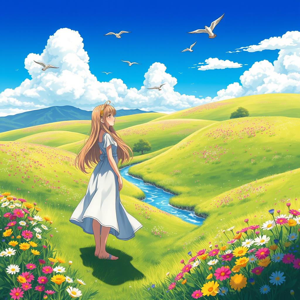An anime-style illustration inspired by a reference photo of a serene landscape featuring rolling hills dotted with vibrant wildflowers under a bright blue sky